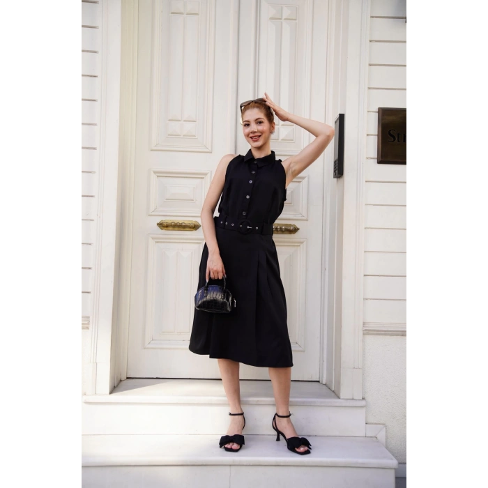 BİÇOMİ Gömlek yaka kemerli elbise siyah s255061