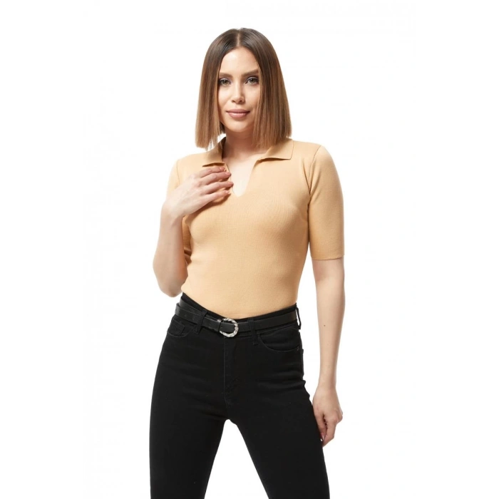 BİÇOMİ Gömlek yaka yazlık triko bluz