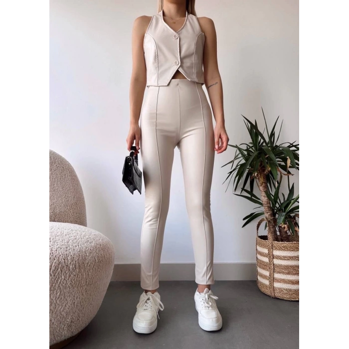 BİÇOMİ İki düğmeli deri yelek krem s243001