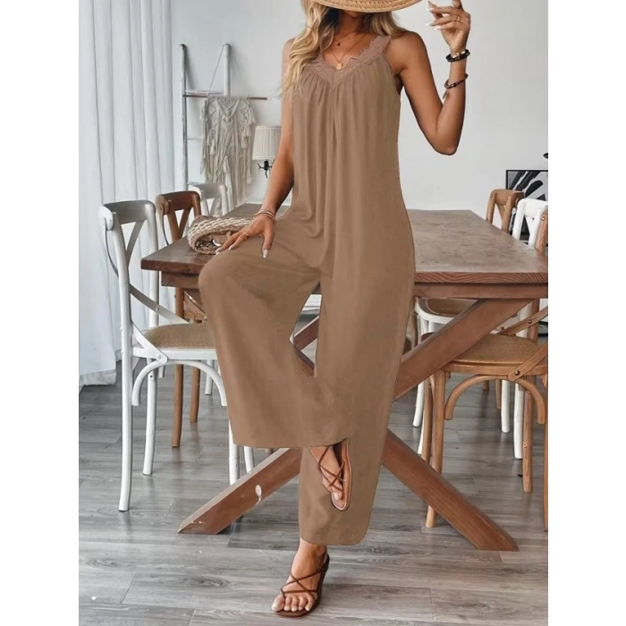 Biçomi Kadın Akılı V Dantel Yakalı Geniş Kesim Detaylı Viskon Tulum