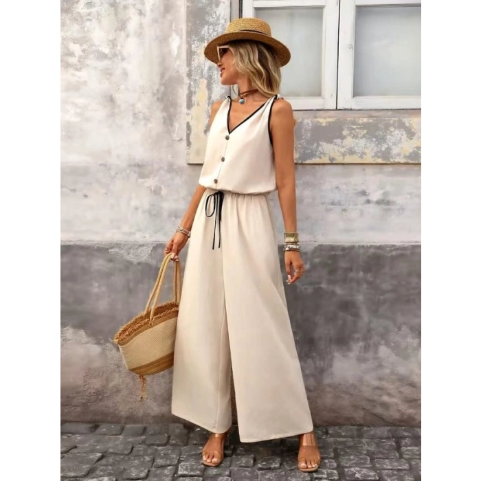 Biçomi Kadın Askıdan Bağlamalı V Yakalı Belden Süs Bağcıklı Tulum