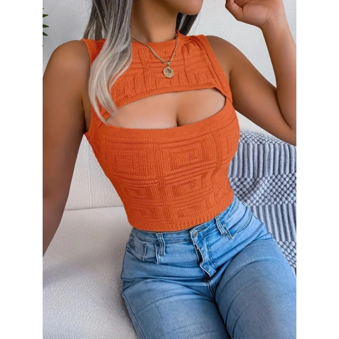 Biçomi Kadın Askılı Bisiklet Yaka Güpüs Dekolteli Triko Crop Bluz