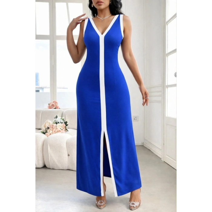 Biçomi Kadın Askılı Derin V Yakalı Yırtmaç Detaylı Uzun Viskon Elbise