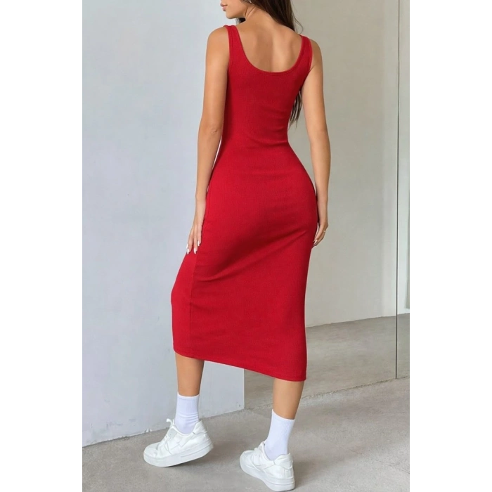 Biçomi Kadın Askılı Kare Yakalı önden Düğmeli Midi Kaşkorse Elbise