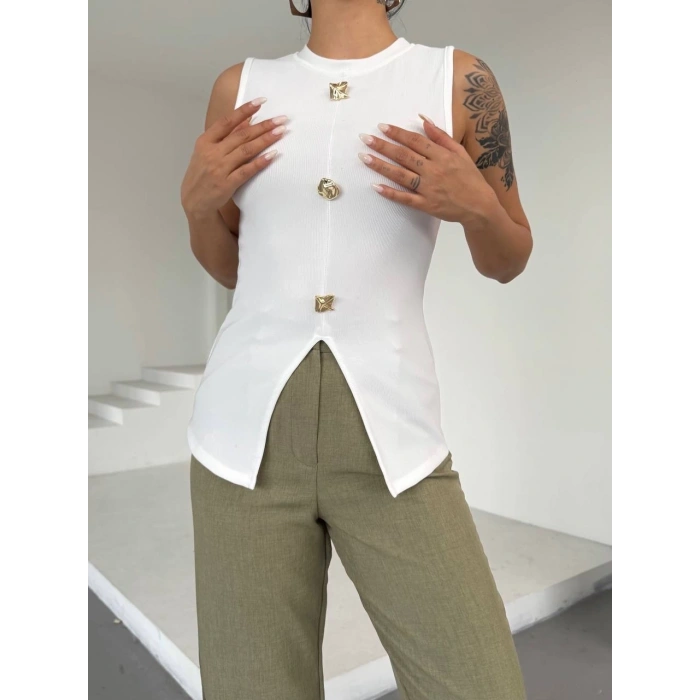 BİÇOMİ Kadın beyaz bisiklet yaka gold düğmeli ottoman bluz s2310
