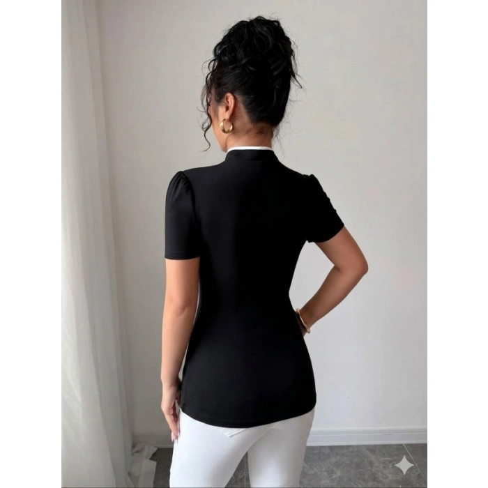 Biçomi Kadın Beyaz şerit Detaylı Dar Kesim Dik Yaka Bluz