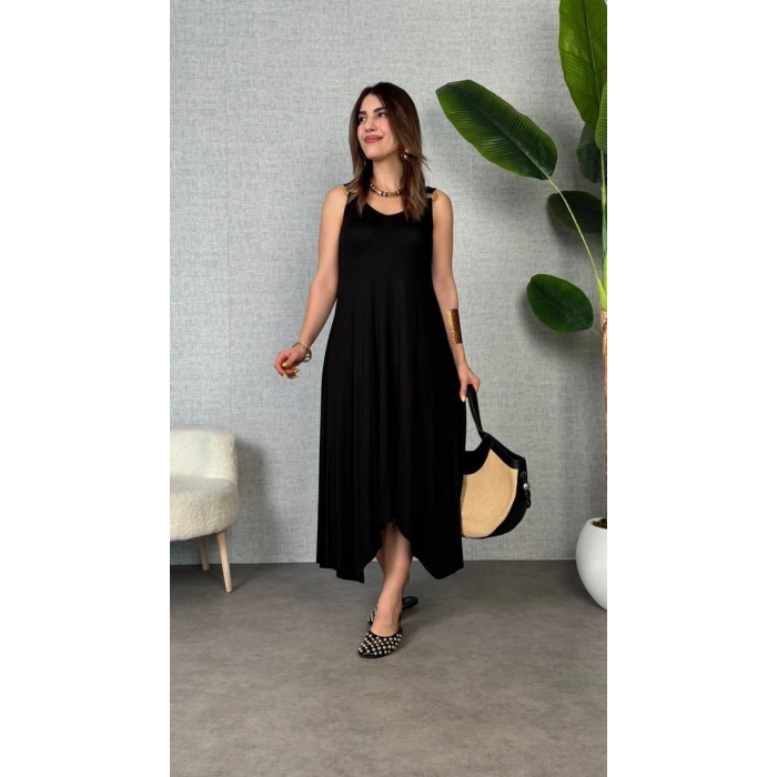 Biçomi Kadın çan Dokuma Kumaş V Yaka Asimetrik Kesim Elbise