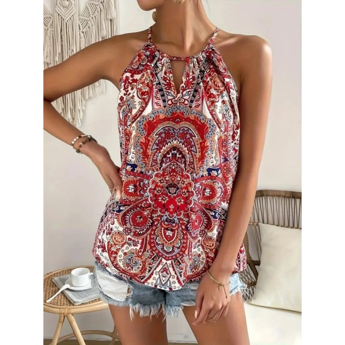 Biçomi Kadın Halter Kollu Damla Detaylı Desenli Süprem Bluz
