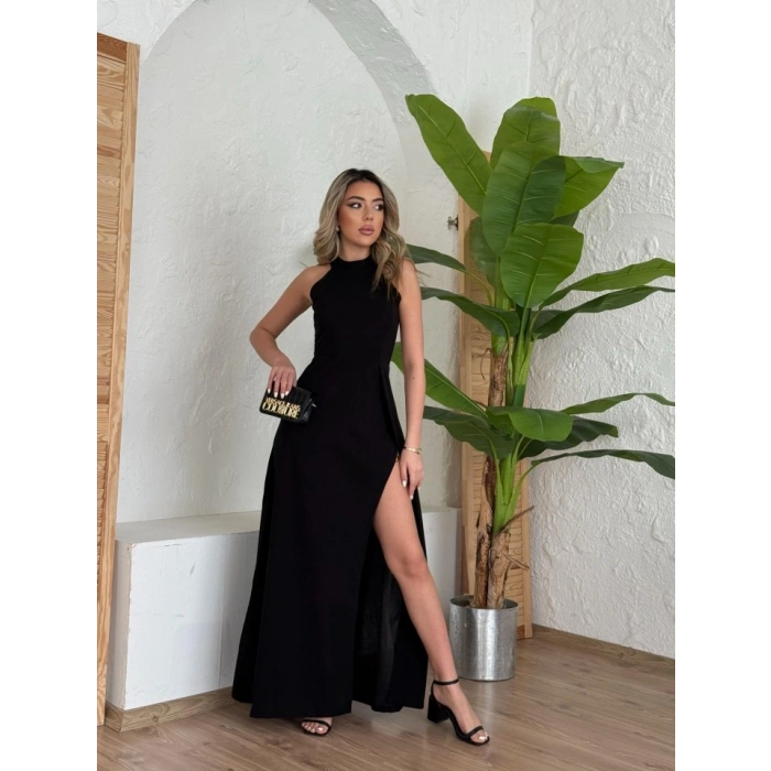 Biçomi Kadın Halter Yaka Derin Yırtmaç Detaylı Tam Boy Ithal Krep Abiye Elbise
