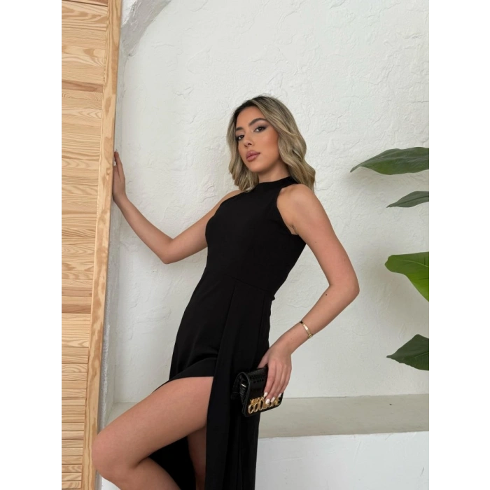 Biçomi Kadın Halter Yaka Derin Yırtmaç Detaylı Tam Boy Ithal Krep Abiye Elbise