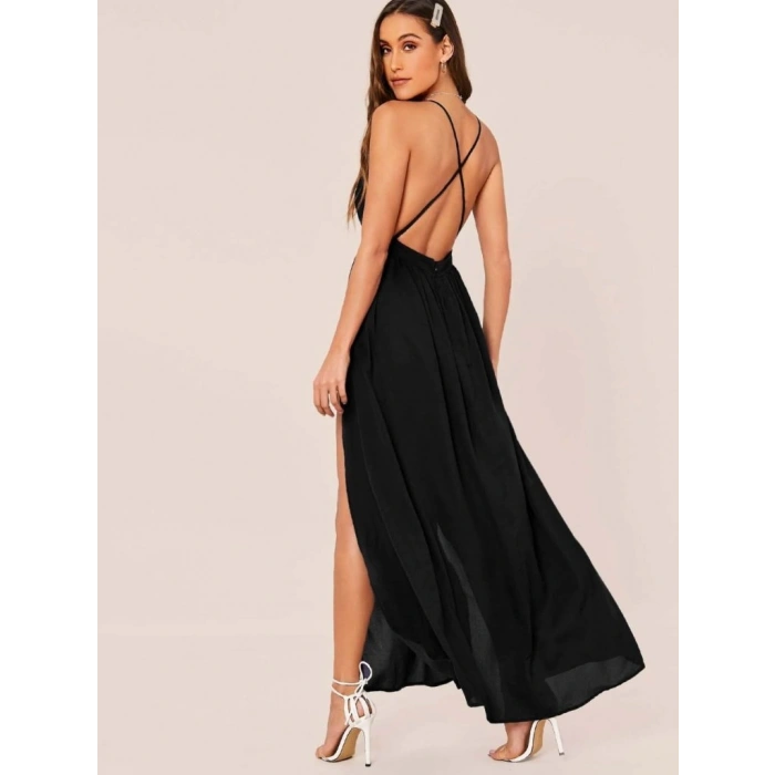 Biçomi Kadın Ip Askılı Kruvazeli Yırtmaç Detaylı Yerli Krep Uzun Elbise
