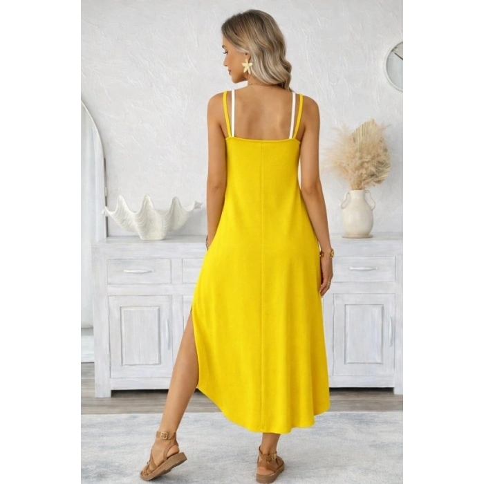 Biçomi Kadın Ip Askılı Yuvarlak Yakalı Cepli Uzun Viskon Elbise