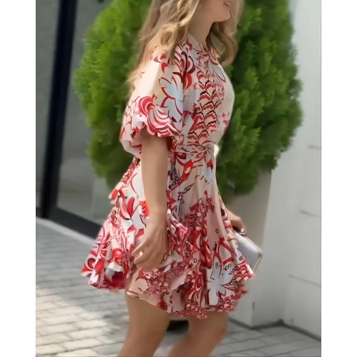 Biçomi Kadın Kısa Balon Kollu Yuvarlak Yakalı Pileli Desenli Mini Elbise