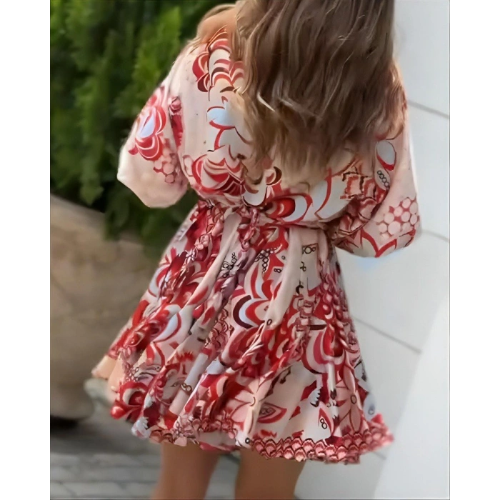 Biçomi Kadın Kısa Balon Kollu Yuvarlak Yakalı Pileli Desenli Mini Elbise