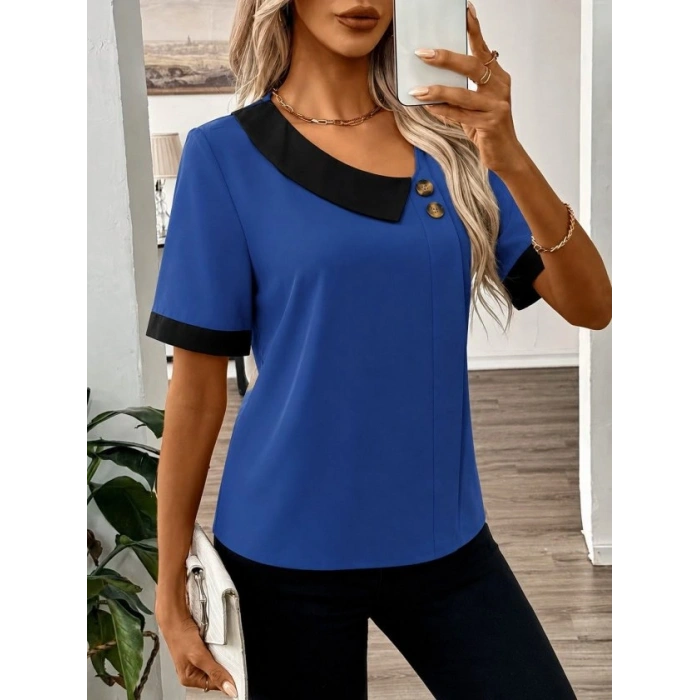 Biçomi Kadın Kısa Kollu Asımetrik Yaka Detaylı Düğmeli Dubai Bluz