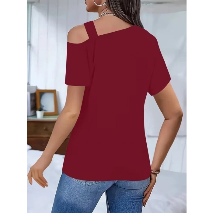 Biçomi Kadın Kısa Kollu Asimetrik Yaka Detaylı Viskon Bluz