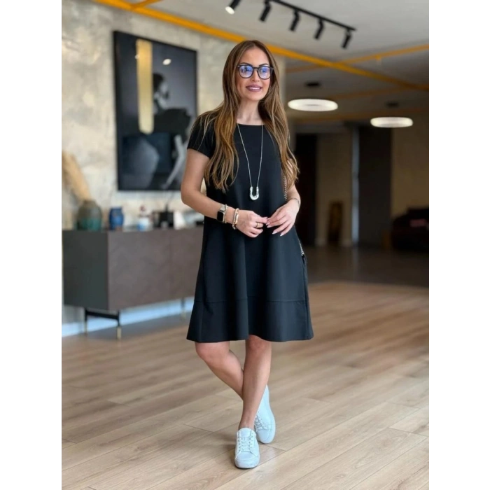 Biçomi Kadın Kısa Kollu Bisiklet Yaka Cepli Viskon Iki Iplik Elbise