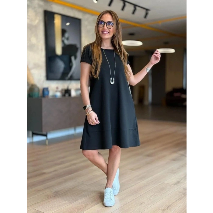 Biçomi Kadın Kısa Kollu Bisiklet Yaka Cepli Viskon Iki Iplik Elbise