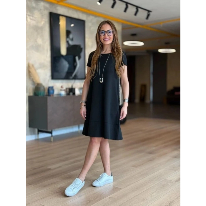 Biçomi Kadın Kısa Kollu Bisiklet Yaka Cepli Viskon Iki Iplik Elbise