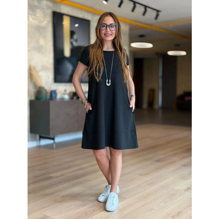 Biçomi Kadın Kısa Kollu Bisiklet Yaka Cepli Viskon Iki Iplik Elbise
