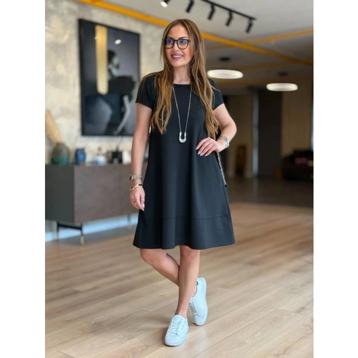 Biçomi Kadın Kısa Kollu Bisiklet Yaka Cepli Viskon Iki Iplik Elbise