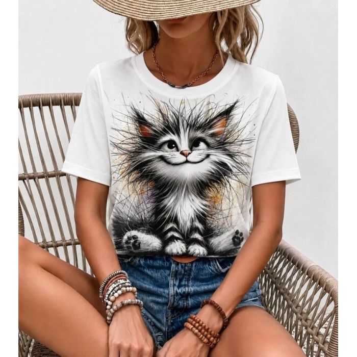 Biçomi Kadın Kısa Kollu Bisiklet Yaka Kedi Baskılı Süprem Bluz