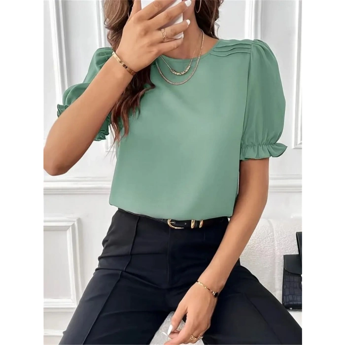 Biçomi Kadın Kısa Kollu Bisiklet Yaka Kolları Gipeli Ithal Krep Bluz
