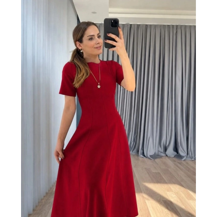 Biçomi Kadın Kısa Kollu Bisiklet Yaka Maksi Boy Ithal Krep Elbise