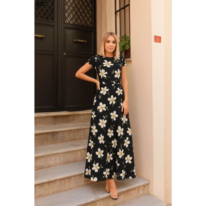 Biçomi Kadın Kısa Kollu Bisiklet Yaka Puantiyeli Maksi örme Krep Elbise