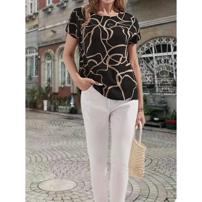 Biçomi Kadın Kısa Kollu Bisiklet Yaka Süprem Desenli Bluz
