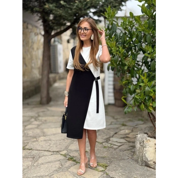 Biçomi Kadın Kısa Kollu Bisiklet Yaka Yandan Bağcıklı Modal çift Renkli Modal Elbise