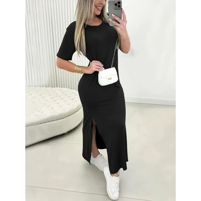 Biçomi Kadın Kısa Kollu Bisiklet Yaka Yandan Yırtmaçlı Viskon Elbise