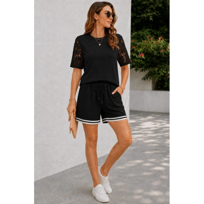 Biçomi Kadın Kısa Kollu Bisiklet Yakalı Waffle Bluz Ve Short Ikili Takım