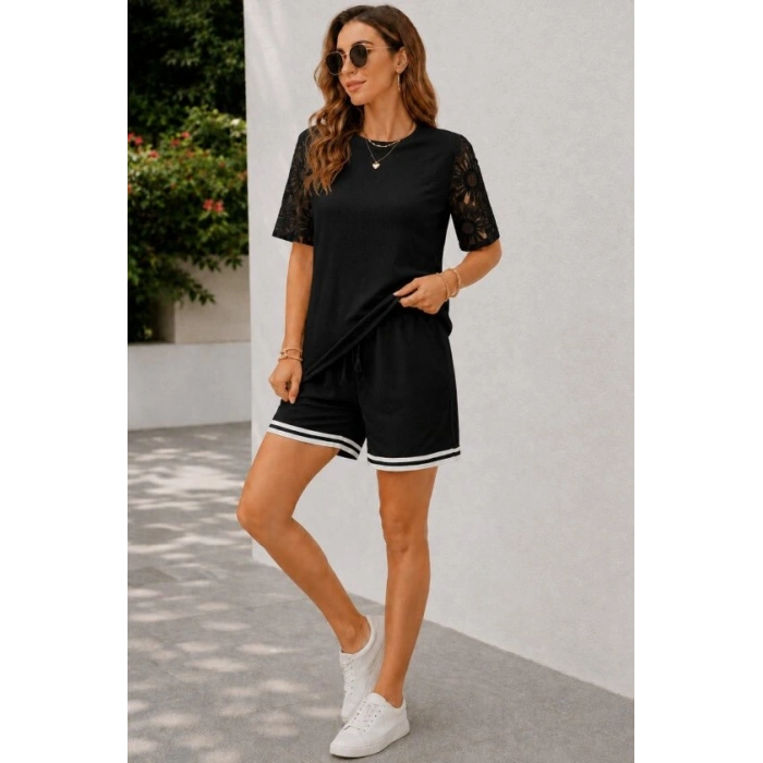 Biçomi Kadın Kısa Kollu Bisiklet Yakalı Waffle Bluz Ve Short Ikili Takım