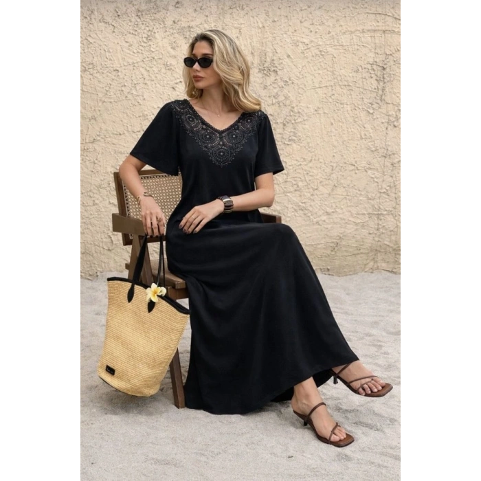 Biçomi Kadın Kısa Kollu Dantel Güpür Detay V Yaka Maxi Boy Elbise