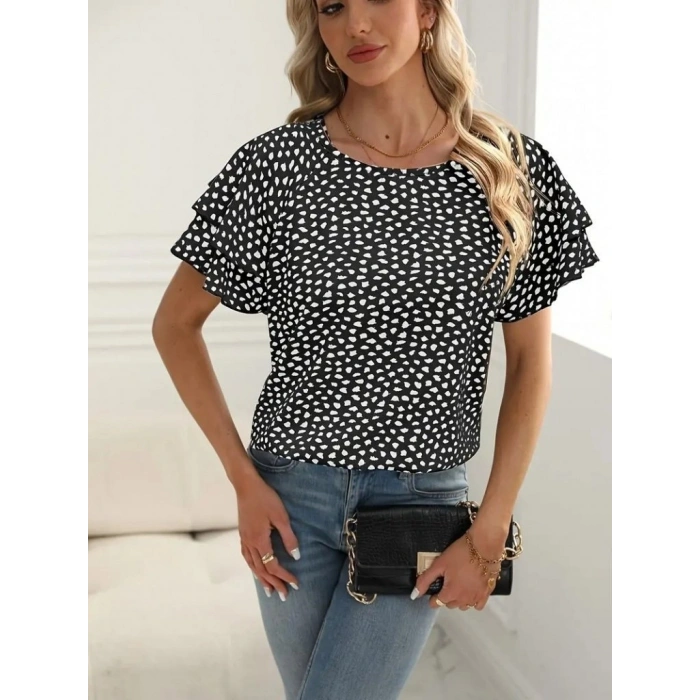 Biçomi Kadın Kısa Kollu Kolları Volanlı Baskılı Süprem Bluz