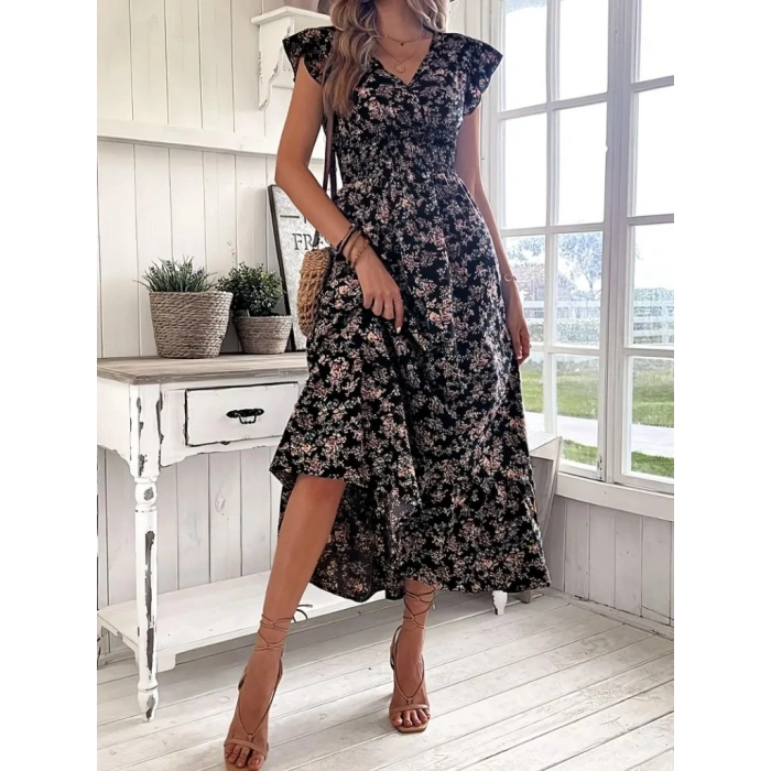Biçomi Kadın Kısa Kollu Kruvaze Yaka Beli Lastikli çiçek Desenli Elbise