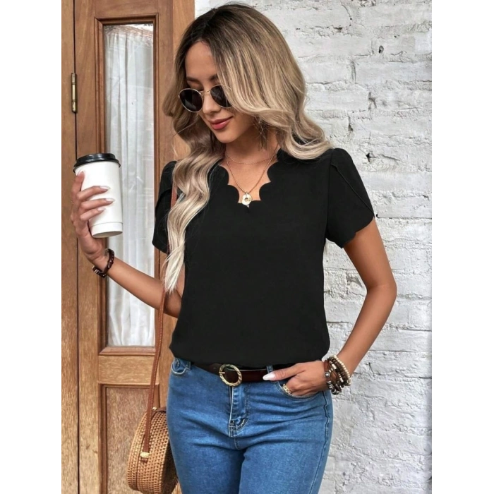 Biçomi Kadın Kısa Kollu Lazer V Yakalı Ithal Krep Bluz