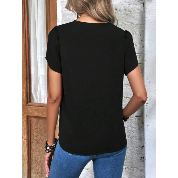Biçomi Kadın Kısa Kollu Lazer V Yakalı Ithal Krep Bluz