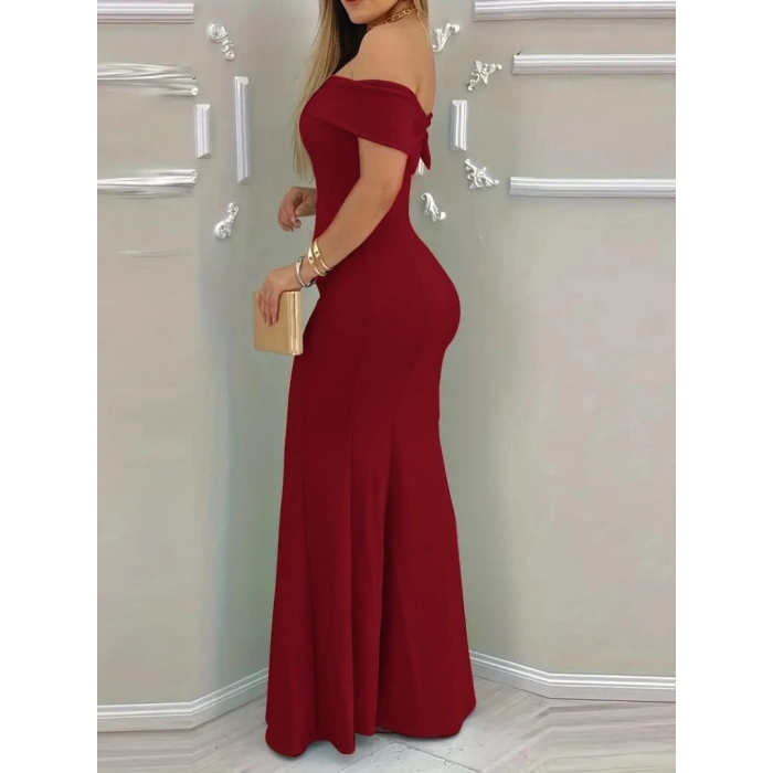 Biçomi Kadın Kısa Kollu Madonna Yaka Belden Oturtmalı Uzun Ithal Krep Elbise