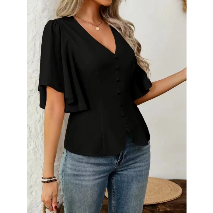Biçomi Kadın Kısa Kollu önden Düğmeli Ithal Krep Bluz