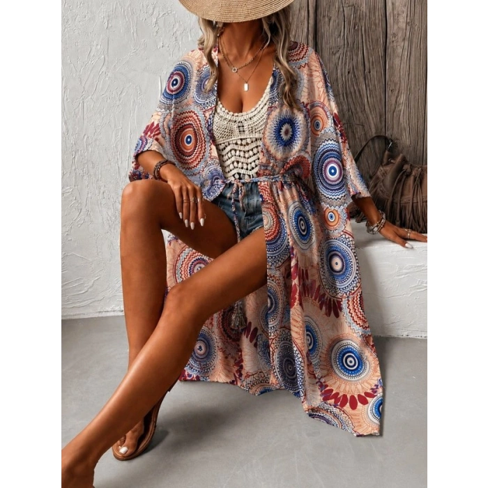 Biçomi Kadın Kısa Kollu önü Açık Belden Kuşaklı Uzun Kimono