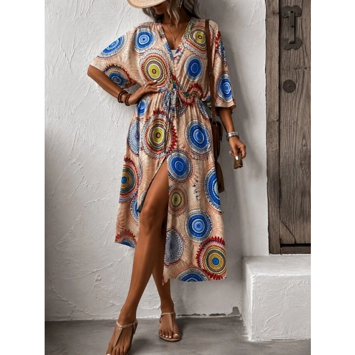 Biçomi Kadın Kısa Kollu önü Açık Belden Kuşaklı Uzun Kimono