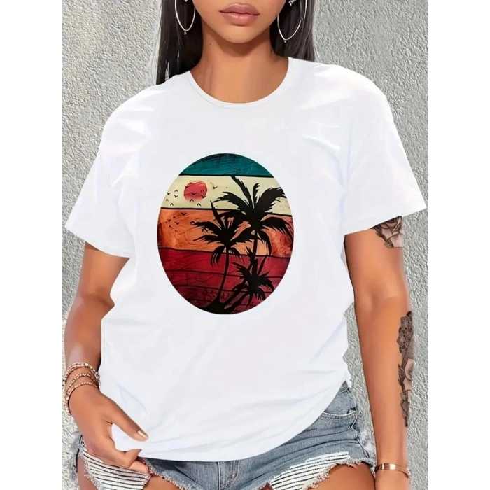 Biçomi Kadın Kısa Kollu Palmiye Baskılı Viskon T-shirt