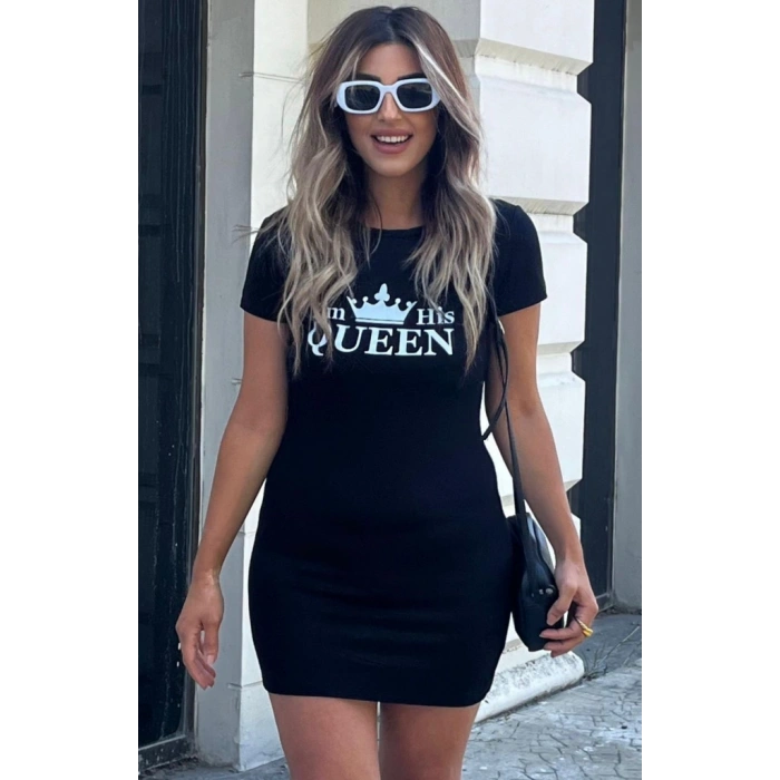 Biçomi Kadın Kısa Kollu Queen Baskı Iki Iplik Mini Elbise