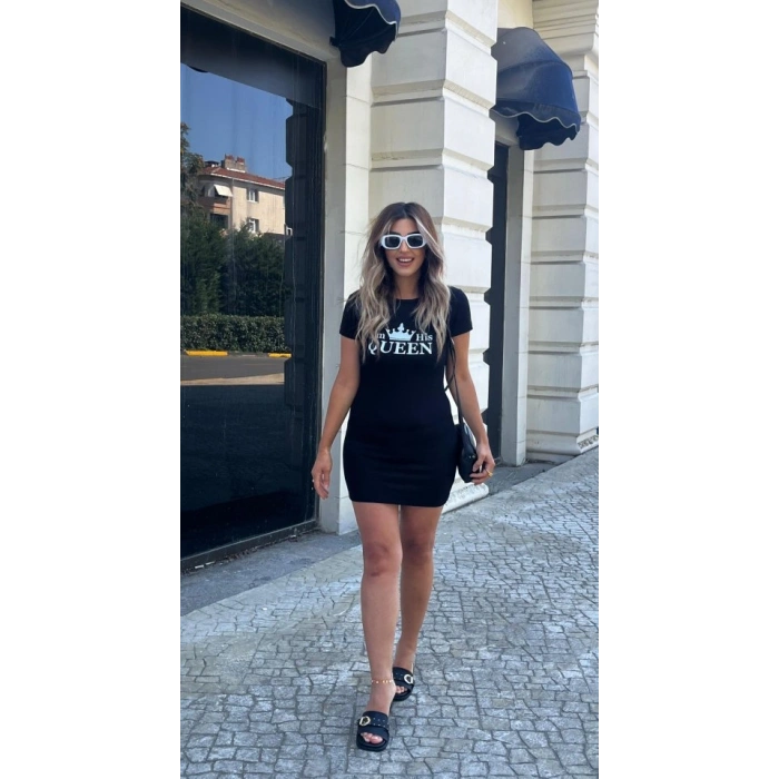 Biçomi Kadın Kısa Kollu Queen Baskı Iki Iplik Mini Elbise