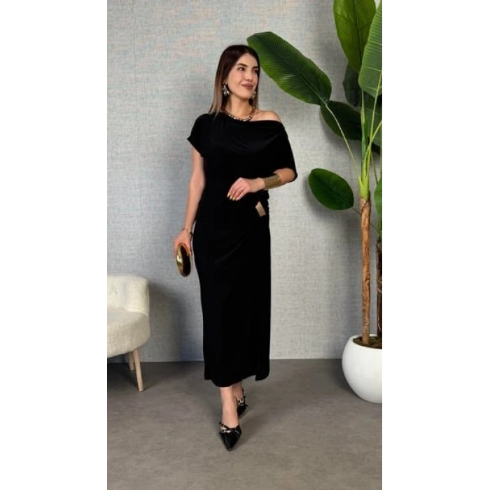 Biçomi Kadın Kısa Kollu Tek Omuzdan Açık Beli Lastikli Sandy Maxi Elbise