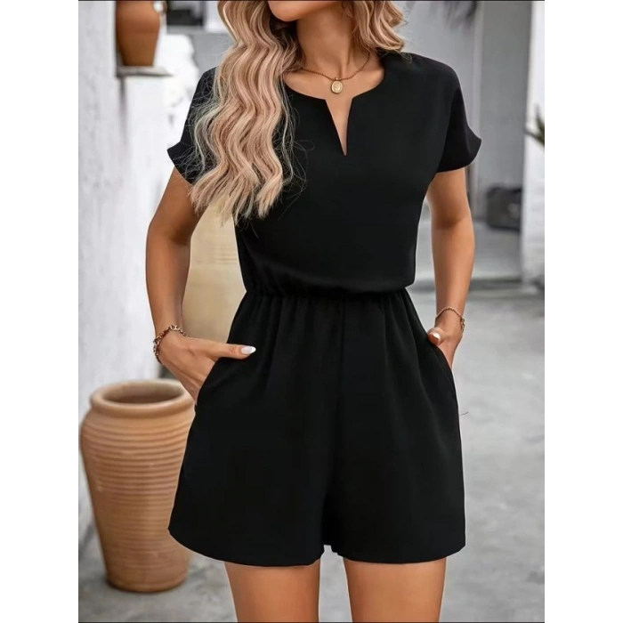 Biçomi Kadın Kısa Kollu V Yakalı Beli Lastikli Kısa Ithal Krep Tulum