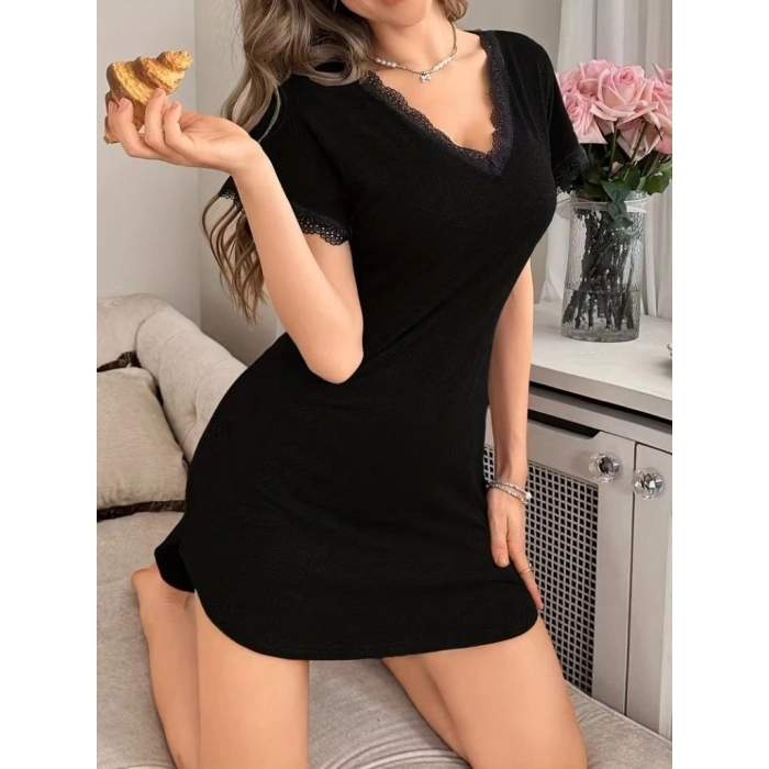 Biçomi Kadın Kısa Kollu V Yakalı Kısa Viskon Gecelik