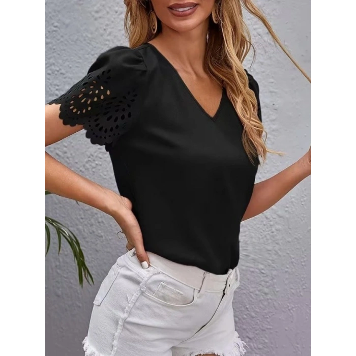 Biçomi Kadın Kısa Kollu V Yakalı Kolu Dantelli Dubai Bluz